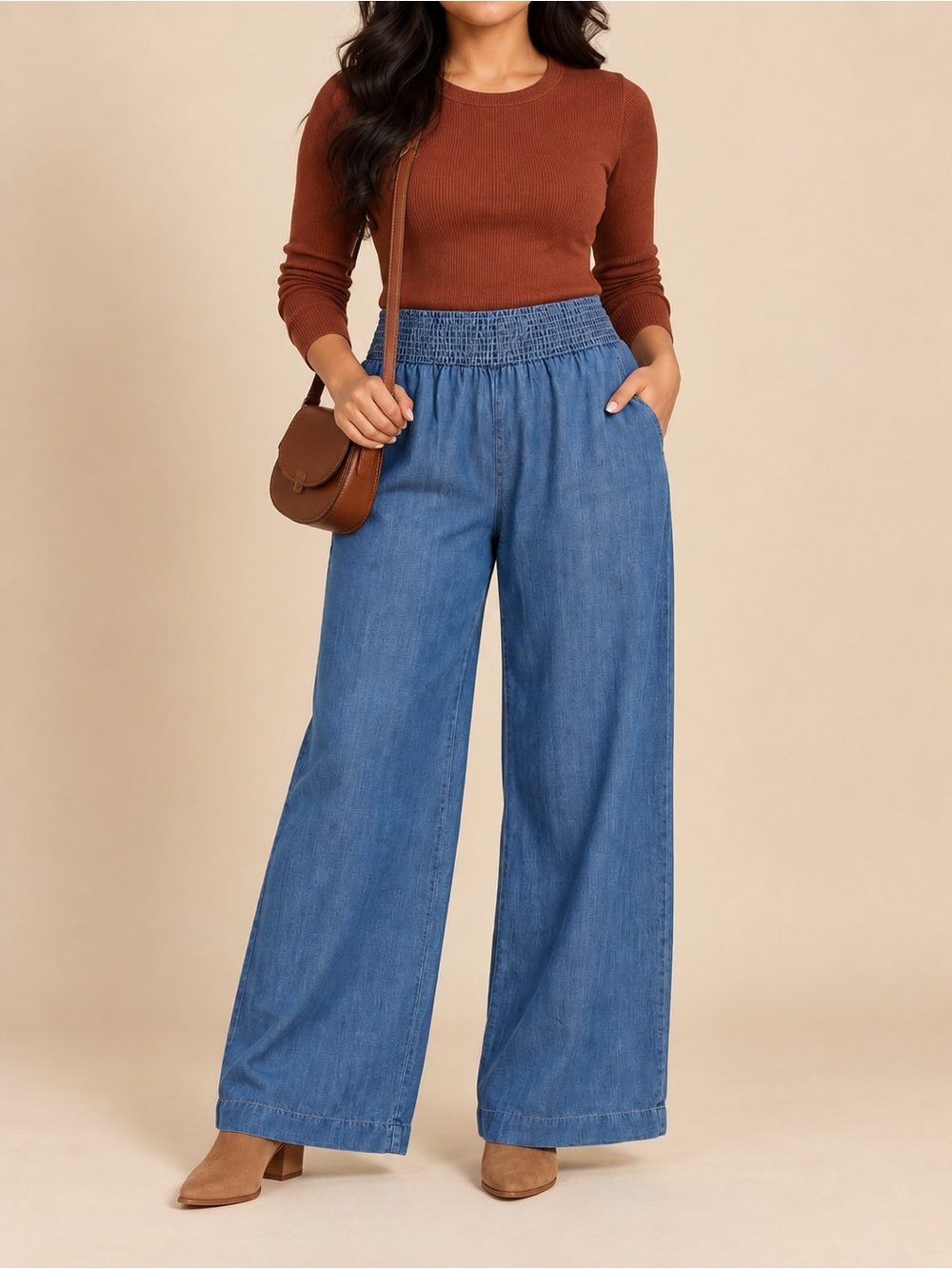 Wide-Leg Chambray Pants